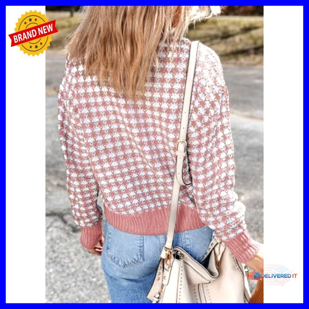 V Neck Cable Knit Cardigan Long Sleeve Plaid Button Down Chic Fall Winter - Picture 2 of 7